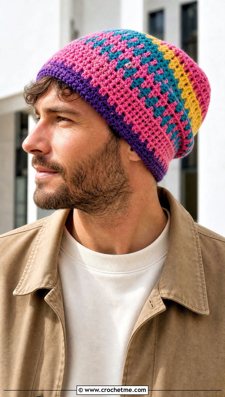 Multicolor Crochet Beanie With Minimal Outfit - 25 Easy Mens Crochet Beanie outfit ideas