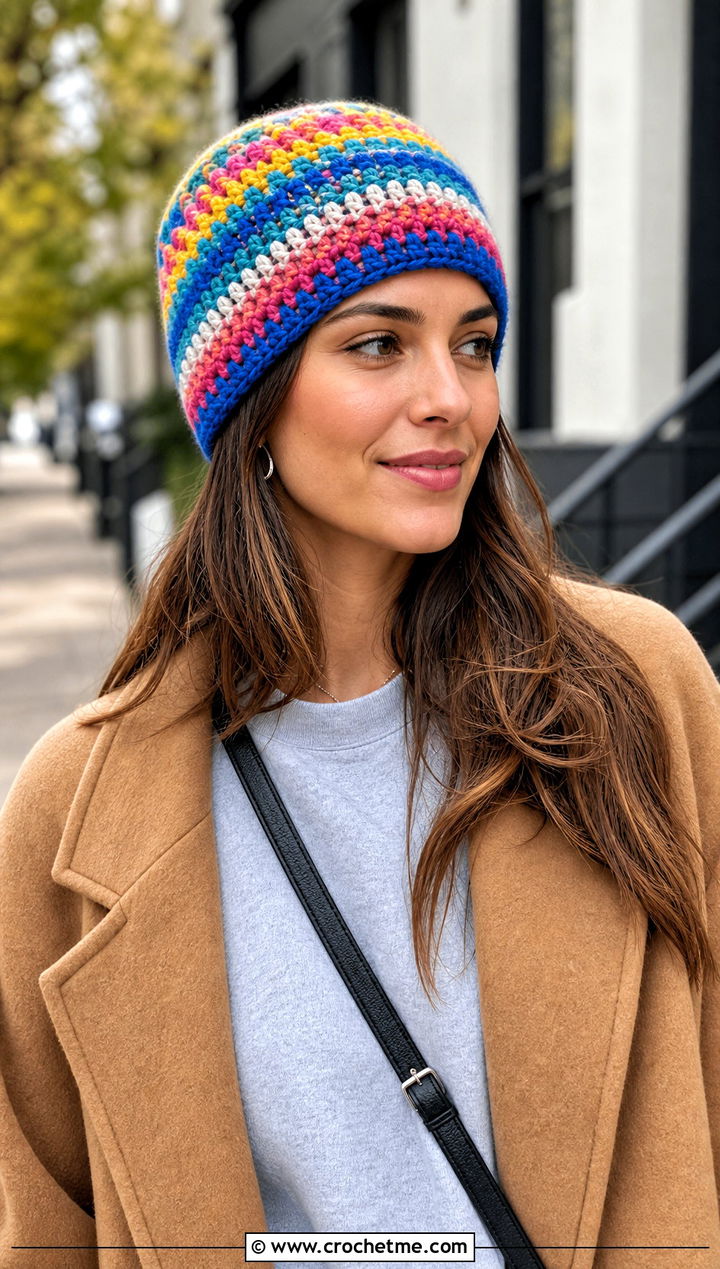 Multicolor Crochet Beanie With Neutral Layers - 30 Quick Crochet Beanie outfit ideas