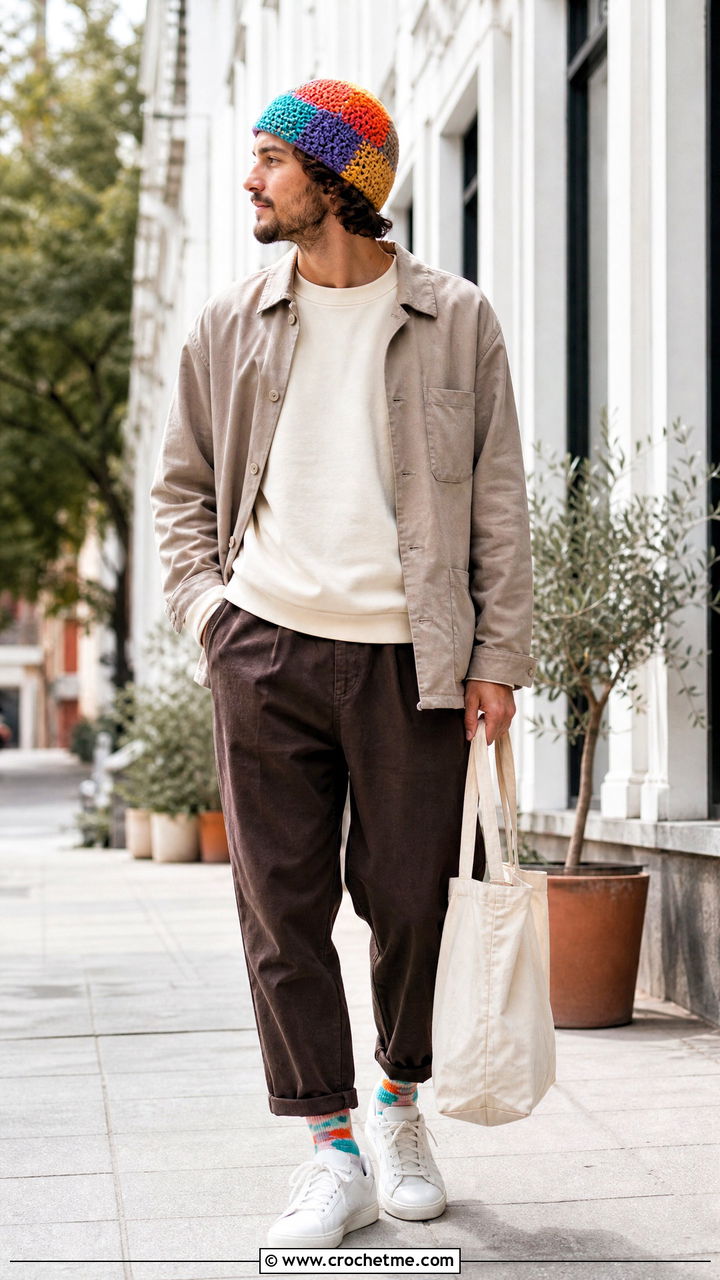 Multicolor Crochet Beanie With Neutral Layers - 35 men's crochet beanie outfit ideas