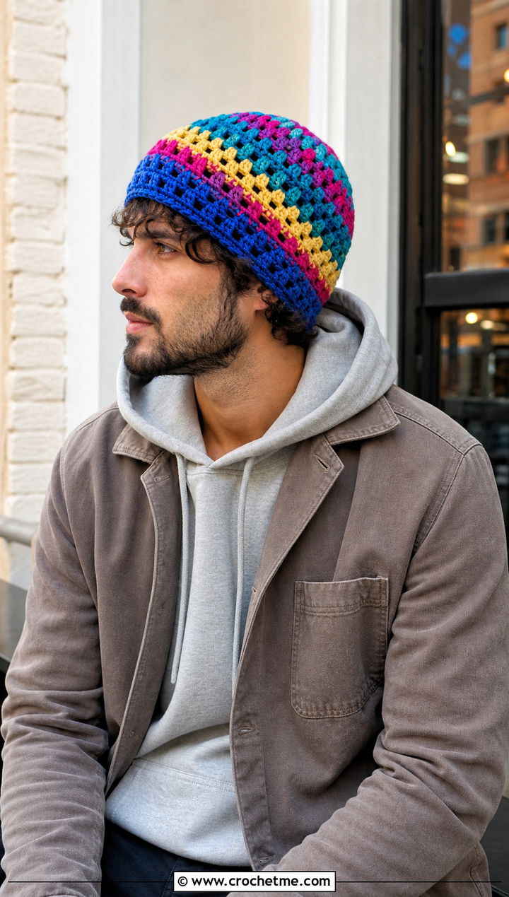 Multicolor Crochet Beanie With Neutral Layers - 30 male crochet hat outfit ideas