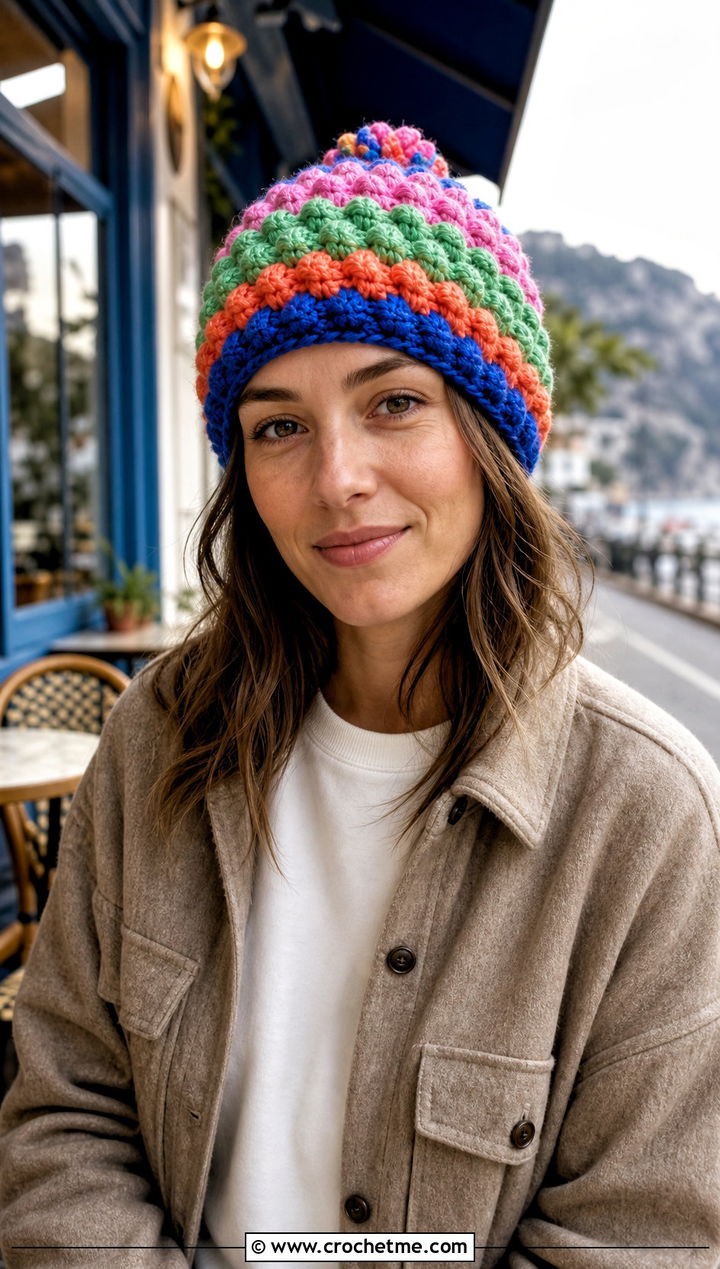 Multicolor Crochet Bobble Hat With Neutral Shacket - 30 crochet bobble hat outfit ideas