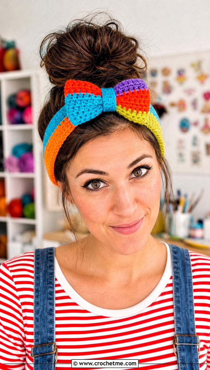 Multicolor Crochet Bow Headband With Overalls And Striped T Shirt - 30 crochet headband with bow outfit ideas