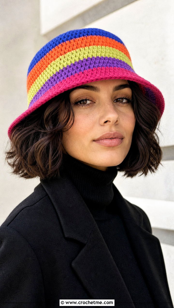 Multicolor Crochet Bucket Hat With All Black Outfit - 35 crochet winter bucket hat outfit ideas