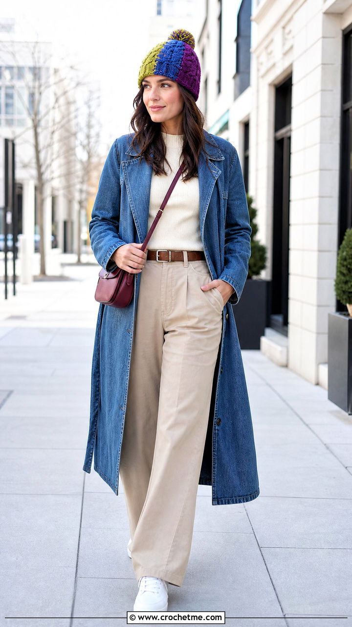 Multicolor Crochet Cable Hat With Denim Coat And Neutral Basics - 35 crochet cable hat outfit ideas