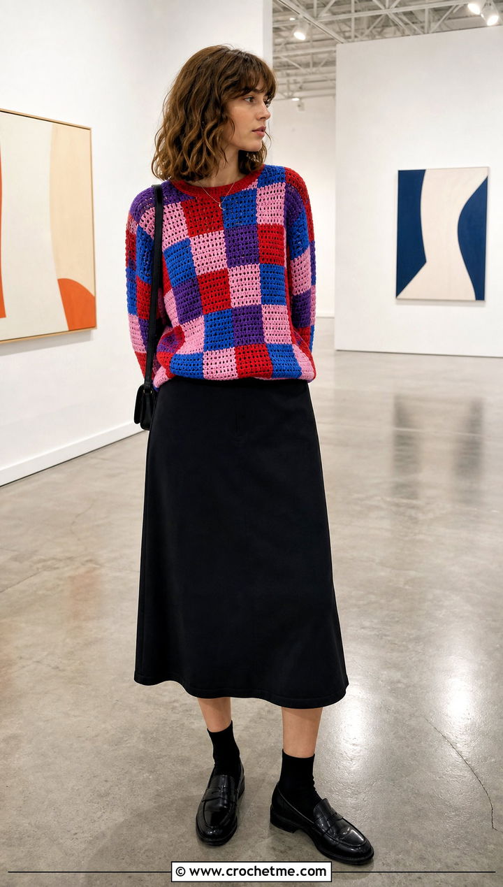 Multicolor Crochet Checker Sweater With Black Midi Skirt - 25 Crochet Checker Sweater outfit ideas