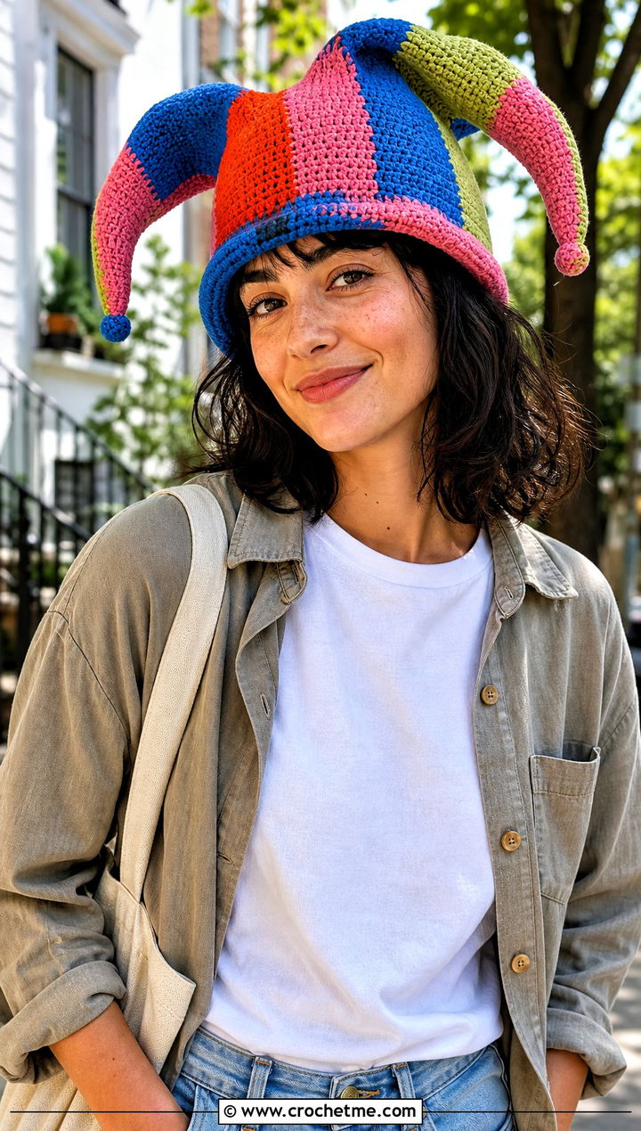 Multicolor Crochet Clown Hat With Casual Basics - 30 crochet clown hat outfit ideas