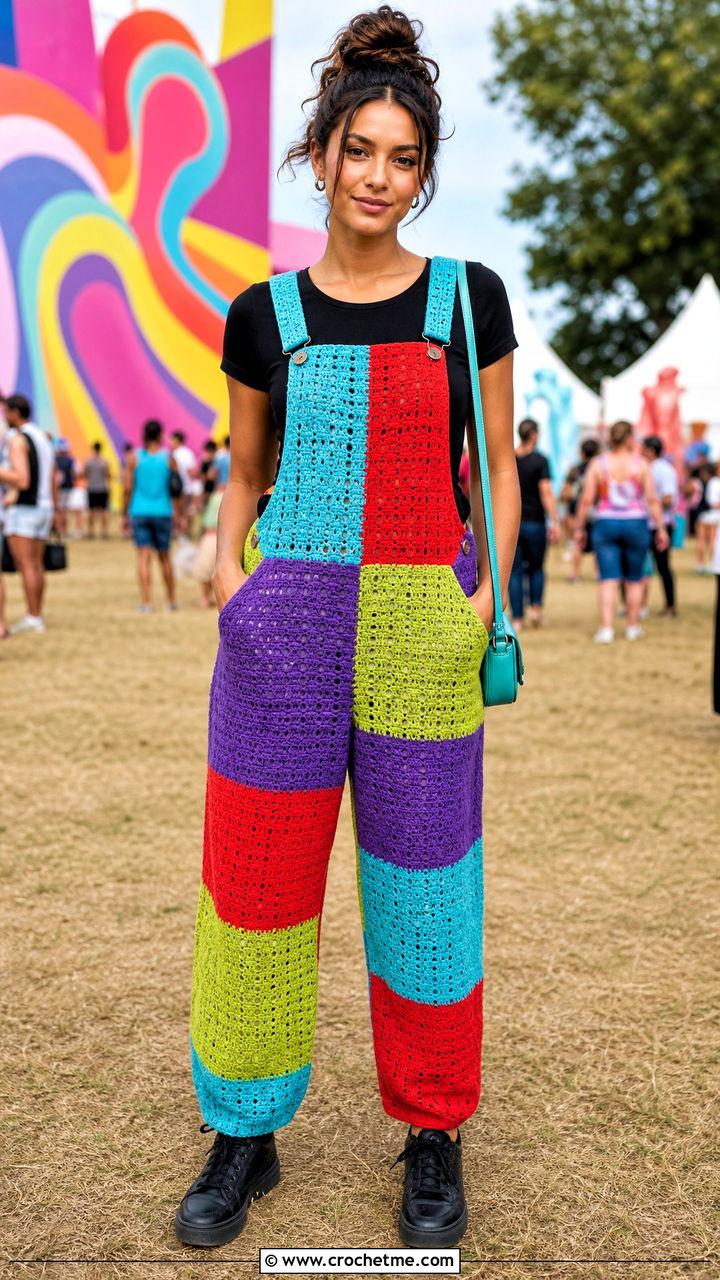 Multicolor Crochet Dungarees With Simple Bodysuit - 35 crochet overalls outfit ideas