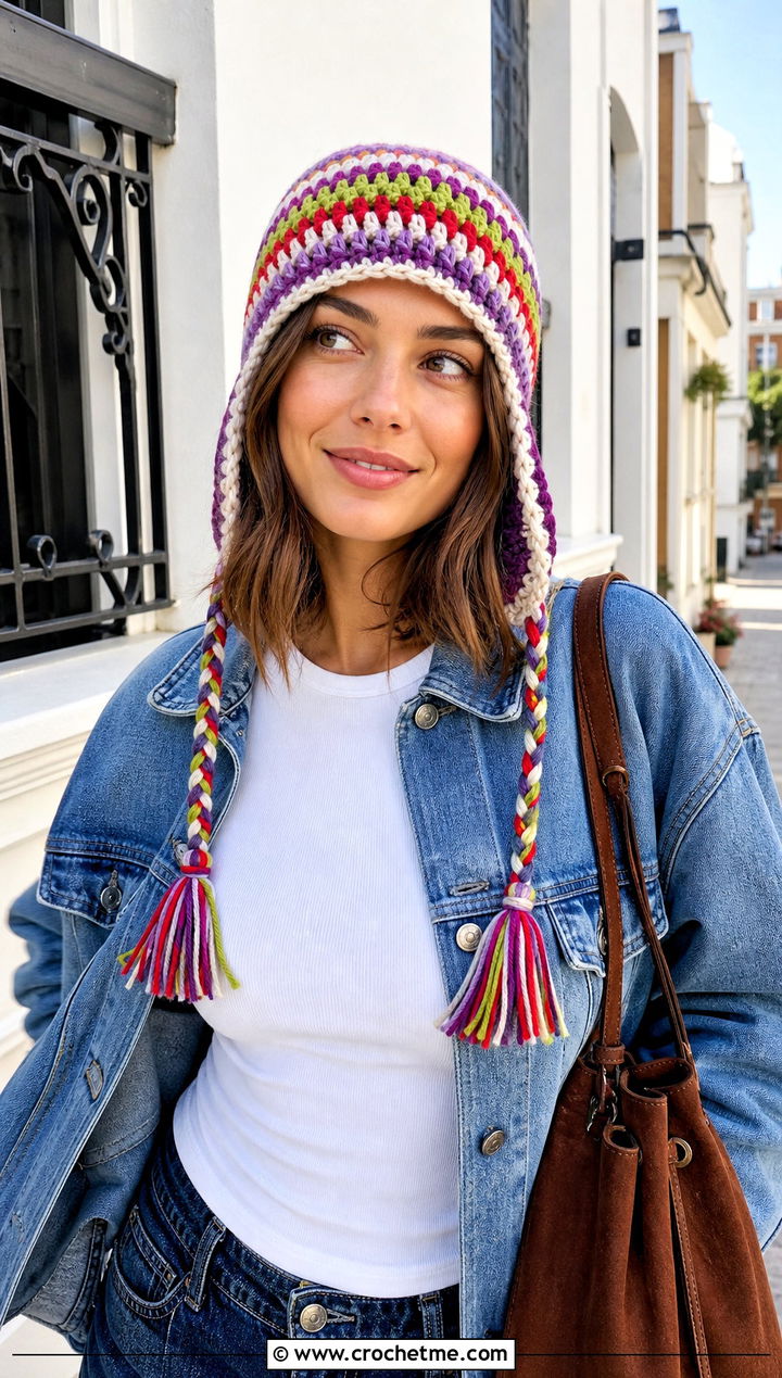 Multicolor Crochet Earflap Beanie With Canadian Tuxedo - 30 crochet earflap beanie outfit ideas