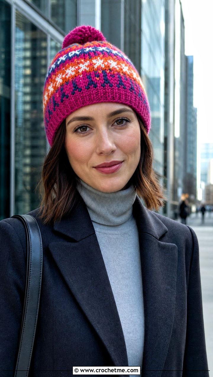 Multicolor Crochet Fair Isle Beanie With Minimalist Suit - 20 Crochet Fair Isle Beanie outfit ideas