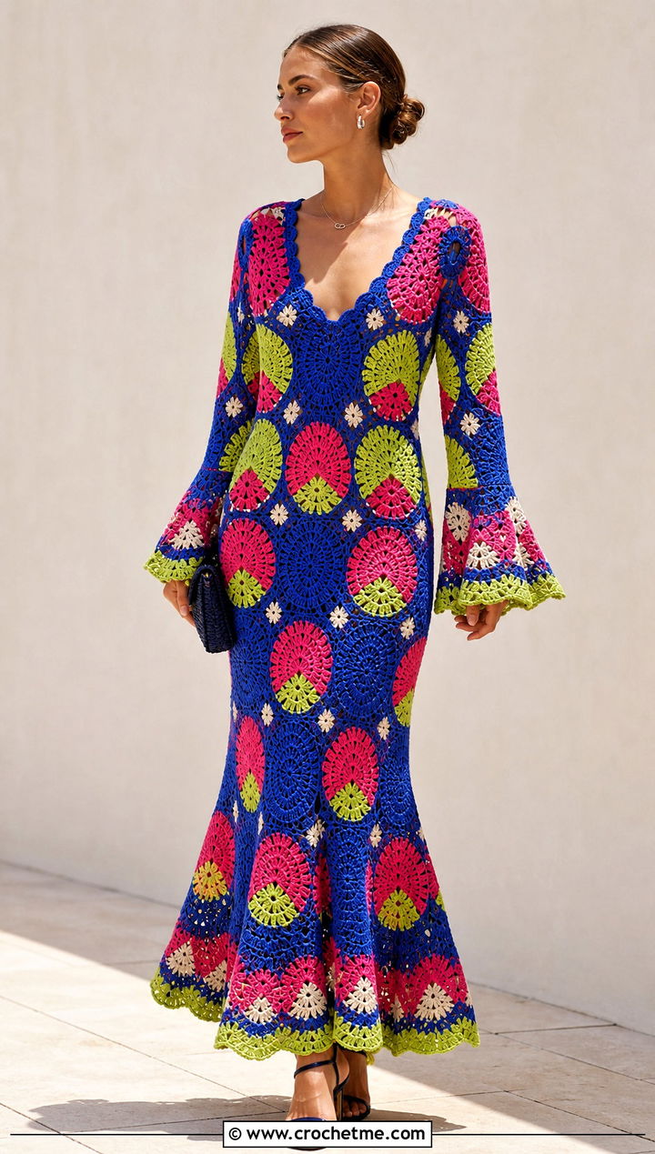 Multicolor Crochet Fishtail Flare Sleeve Maxi Dress With Simple Accessories - 20 Crochet Fishtail Flare Sleeve Maxi Dress outfit ideas