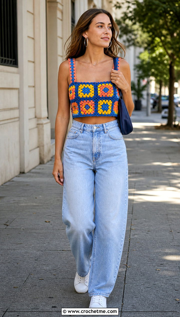 Multicolor Crochet Granny Square Crop Top With Barrel Jeans - 25 crochet granny top outfit ideas