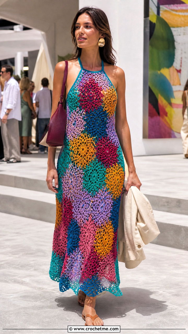 Multicolor Crochet Halter Maxi Dress With Minimal Accessories - 35 crochet halter dress outfit ideas