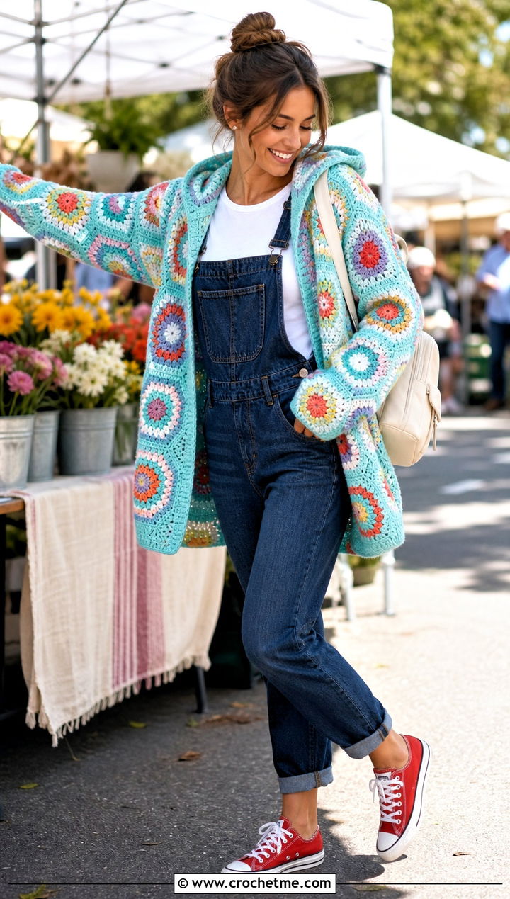 Multicolor Crochet Hexagon Cardigan With Hood And Denim Overalls - 25 Crochet Hexagon Cardigan With Hood outfit ideas