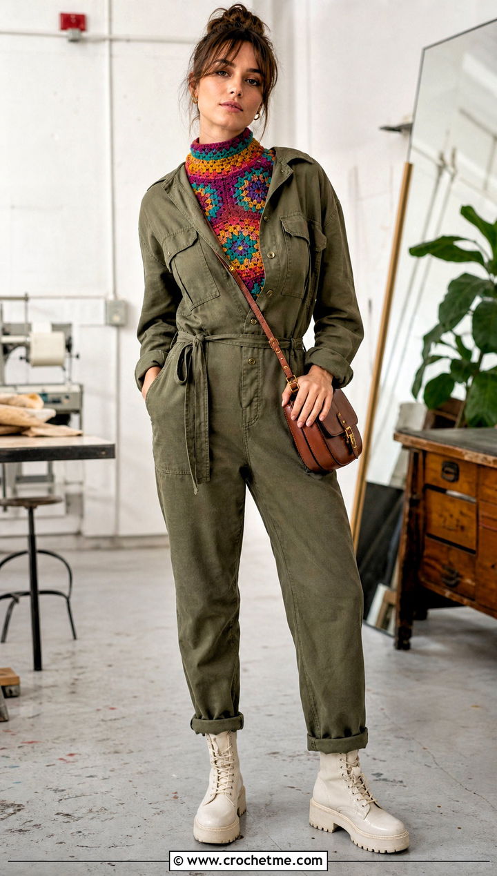 Multicolor Crochet High Neck Top With Utility Jumpsuit - 35 crochet high neck top outfit ideas