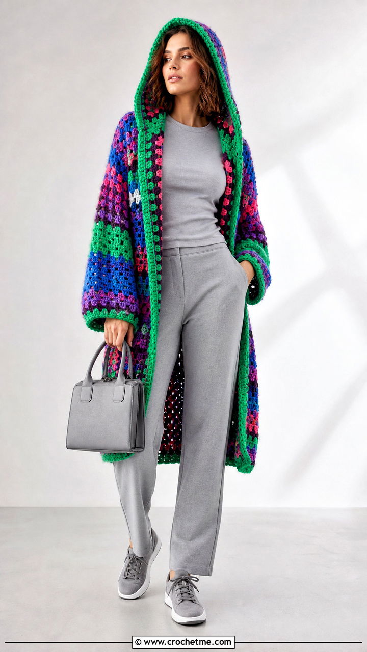 Multicolor Crochet Hooded Cardigan With Monochrome Basics - 35 crochet hooded cardigan outfit ideas