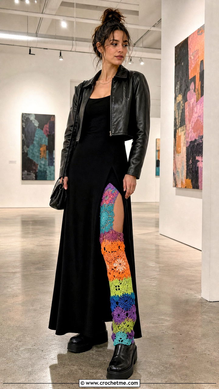 Multicolor Crochet Legwarmers With Black Maxi Dress And Boots - 35 crochet legwarmers outfit ideas