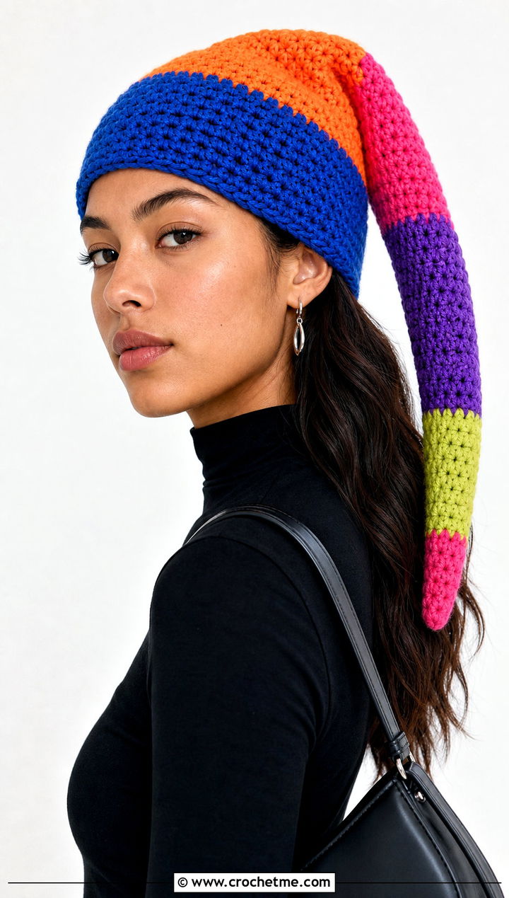 Multicolor Crochet Link Hat With Monochrome Outfit - 30 crochet link hat outfit ideas