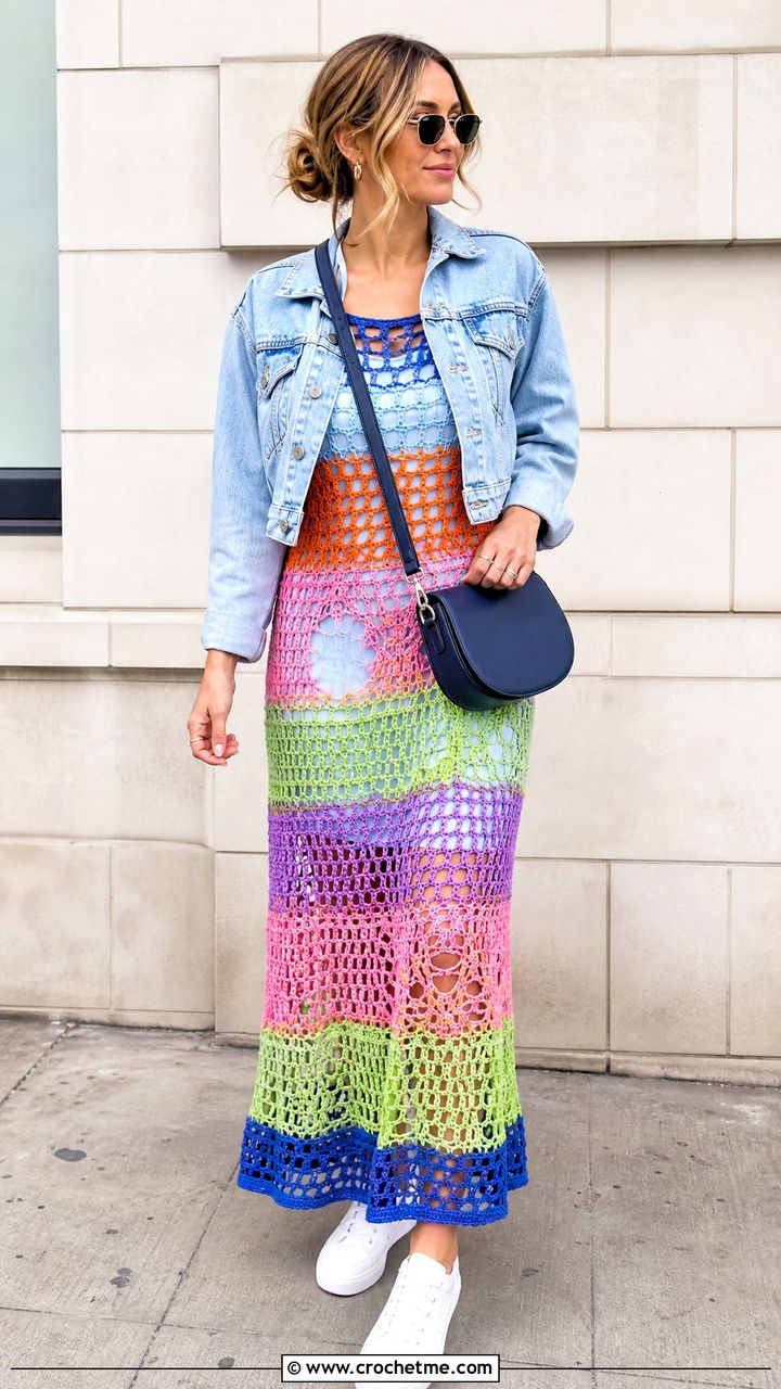 Multicolor Crochet Mesh Dress With White Sneakers - 35 crochet mesh dress outfit ideas