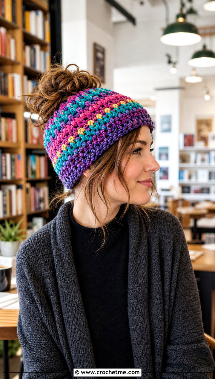 Multicolor Crochet Messy Bun Hat With Long Cardigan - 20 Crochet Messy Bun Hat Bulky Yarn outfit ideas