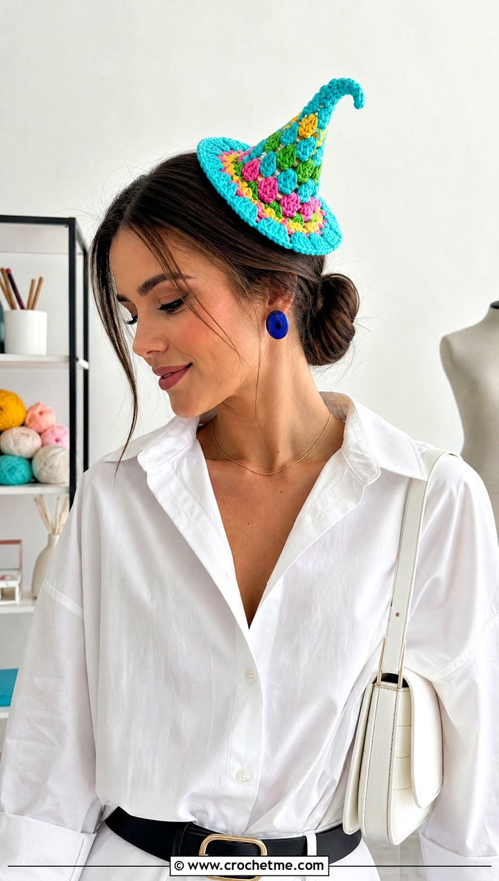 Multicolor Crochet Mini Witch Hat With White Shirt - 25 Crochet Mini Witch Hat outfit ideas