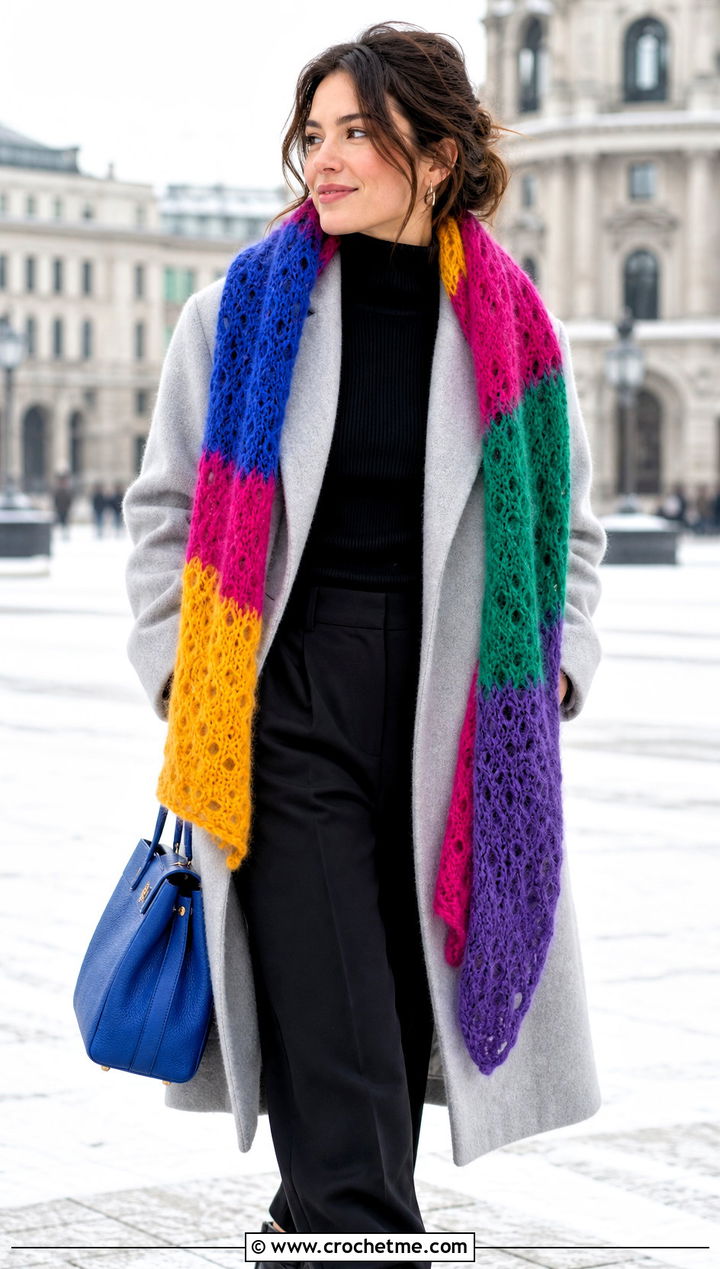Multicolor Crochet Mohair Scarf With Minimalist Coat - 30 crochet mohair scarf outfit ideas