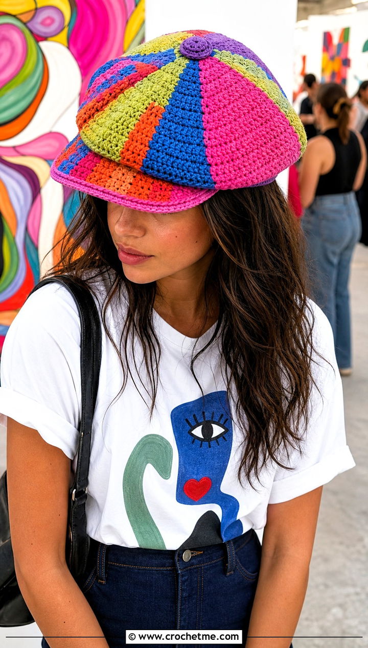 Multicolor Crochet Newsboy Cap With Graphic Tee And Maxi Skirt - 25 crochet flat cap outfit ideas
