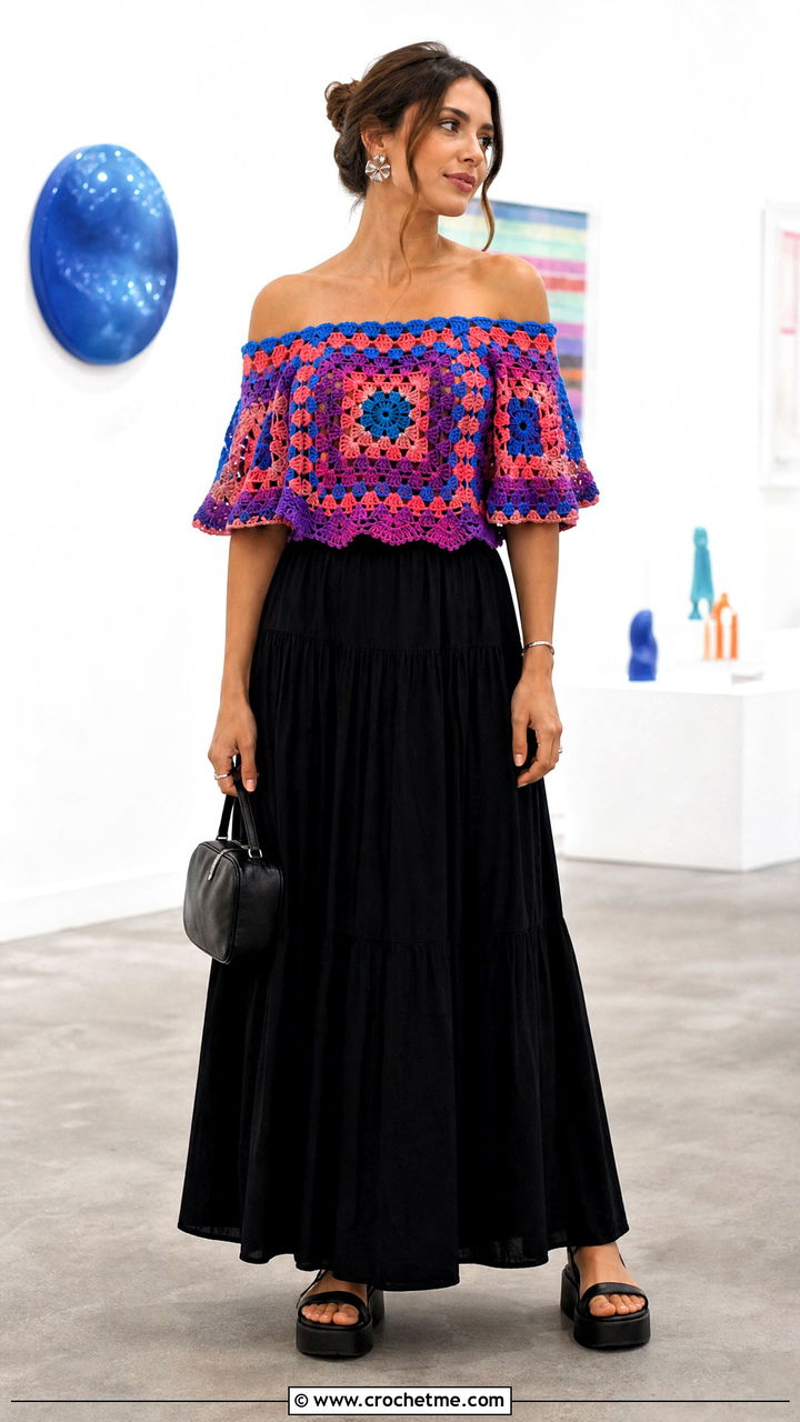 Multicolor Crochet Off Shoulder Top With Black Maxi Skirt - 35 Crochet Off Shoulder Top outfit ideas
