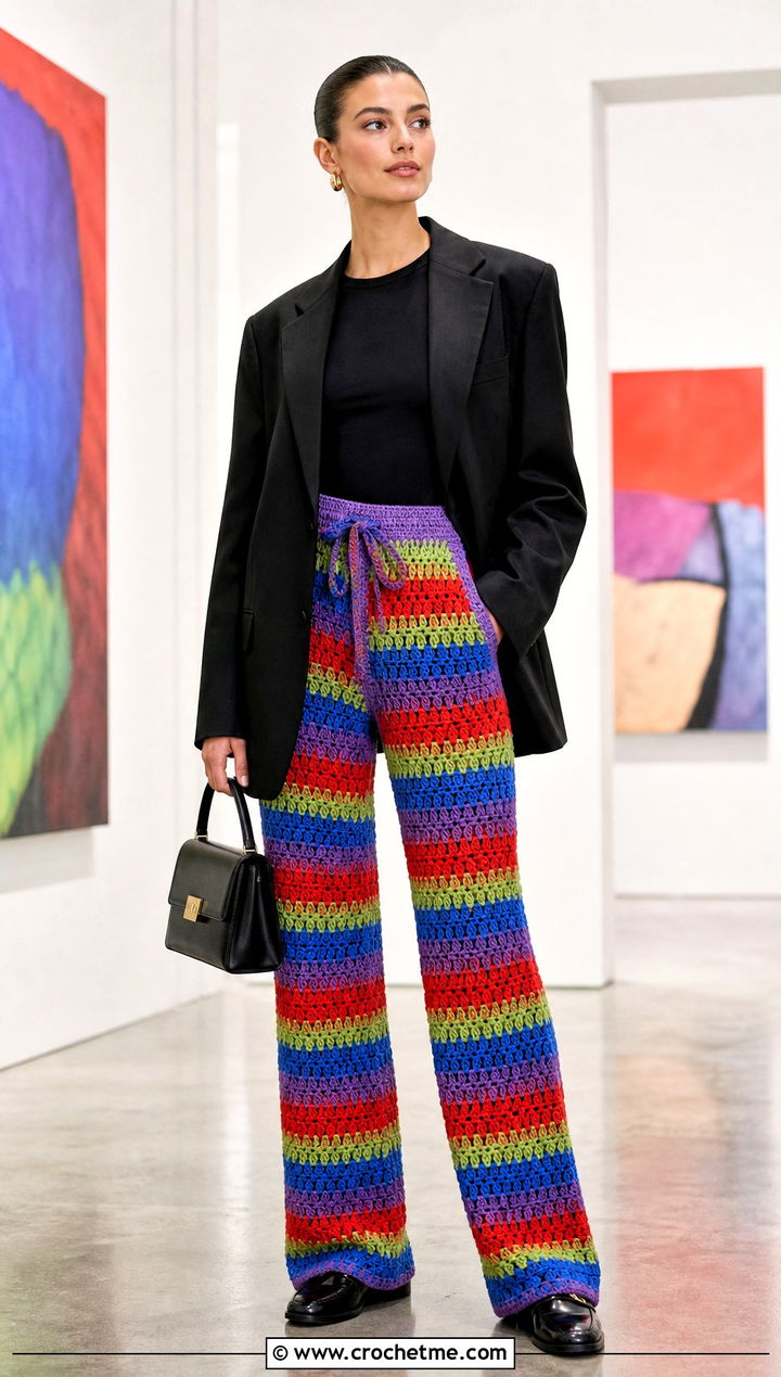 Multicolor Crochet Pants With Black Blazer - 30 Crochet Pant Outfit ideas