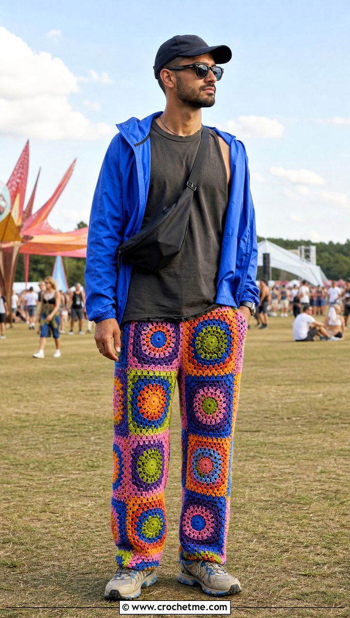 Multicolor Crochet Pants With Windbreaker - 30 mens crochet pants outfit ideas