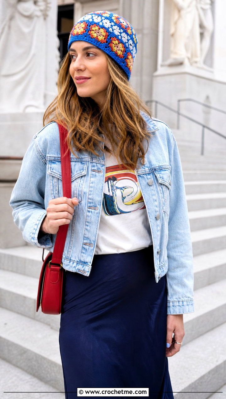 Multicolor Crochet Pillbox Hat With Graphic Tee And Slip Skirt - 25 crochet pillbox hat outfit ideas