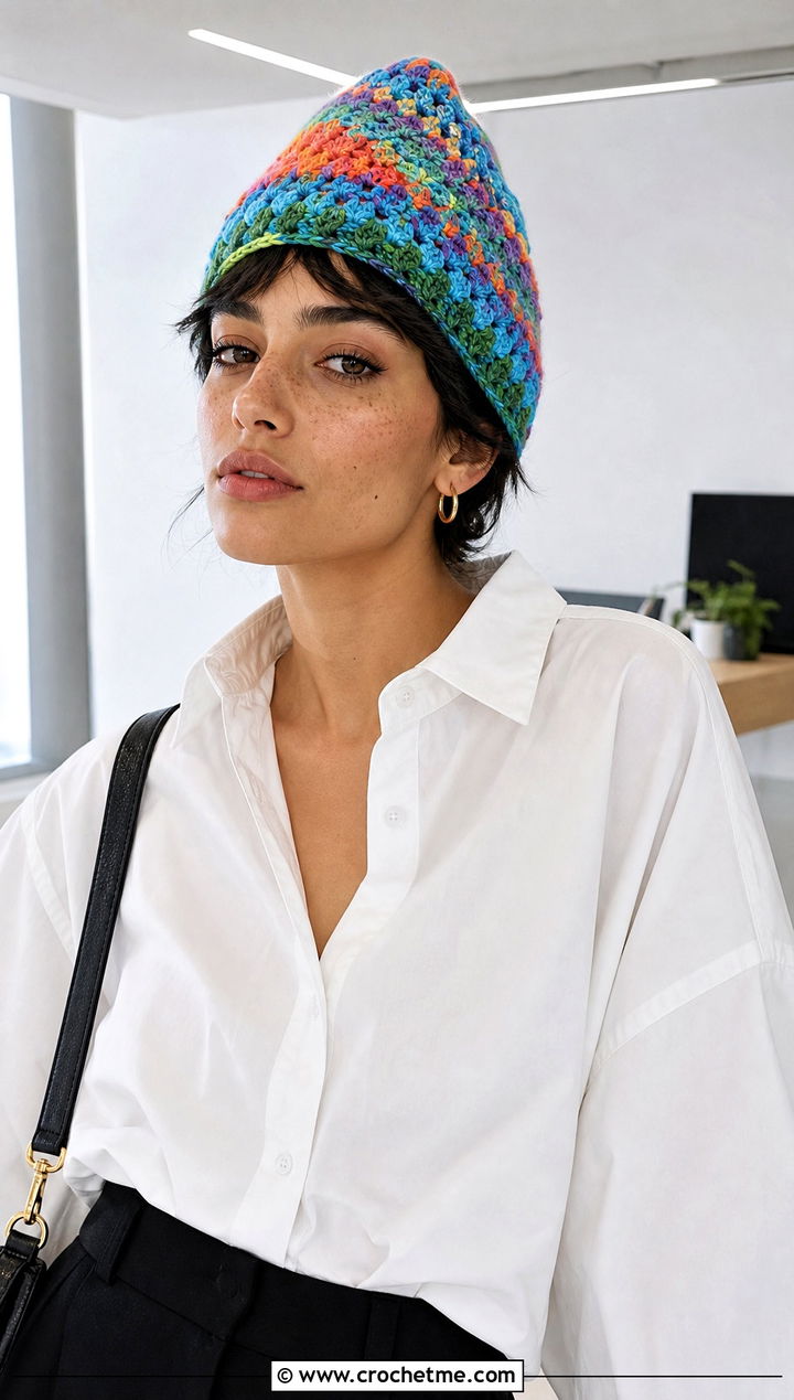 Multicolor Crochet Pixie Hat With White Shirt - 30 crochet pixie hat outfit ideas