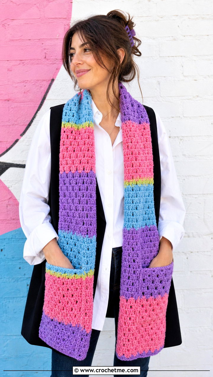Multicolor Crochet Pocket Scarf With White Shirt - 15 Crochet Scarf With Hand Pockets outfit ideas