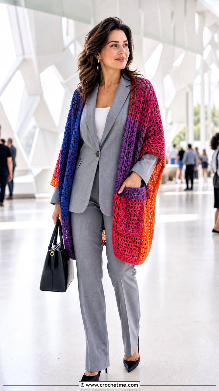 Multicolor Crochet Pocket Shawl With Suit - 35 crochet pocket shawl outfit ideas