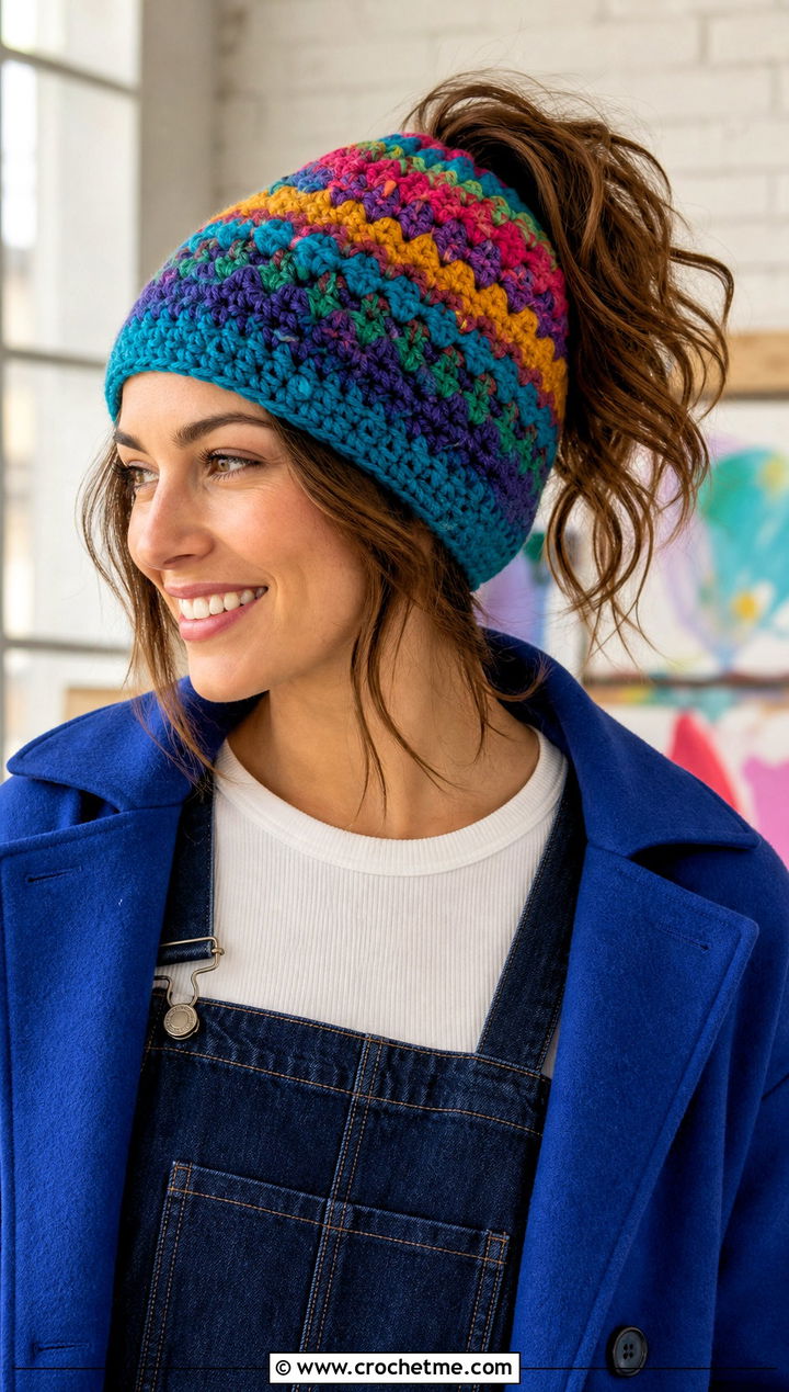 Multicolor Crochet Ponytail Beanie With Overalls And Oversized Coat - 30 crochet beanie with ponytail hole outfit ideas