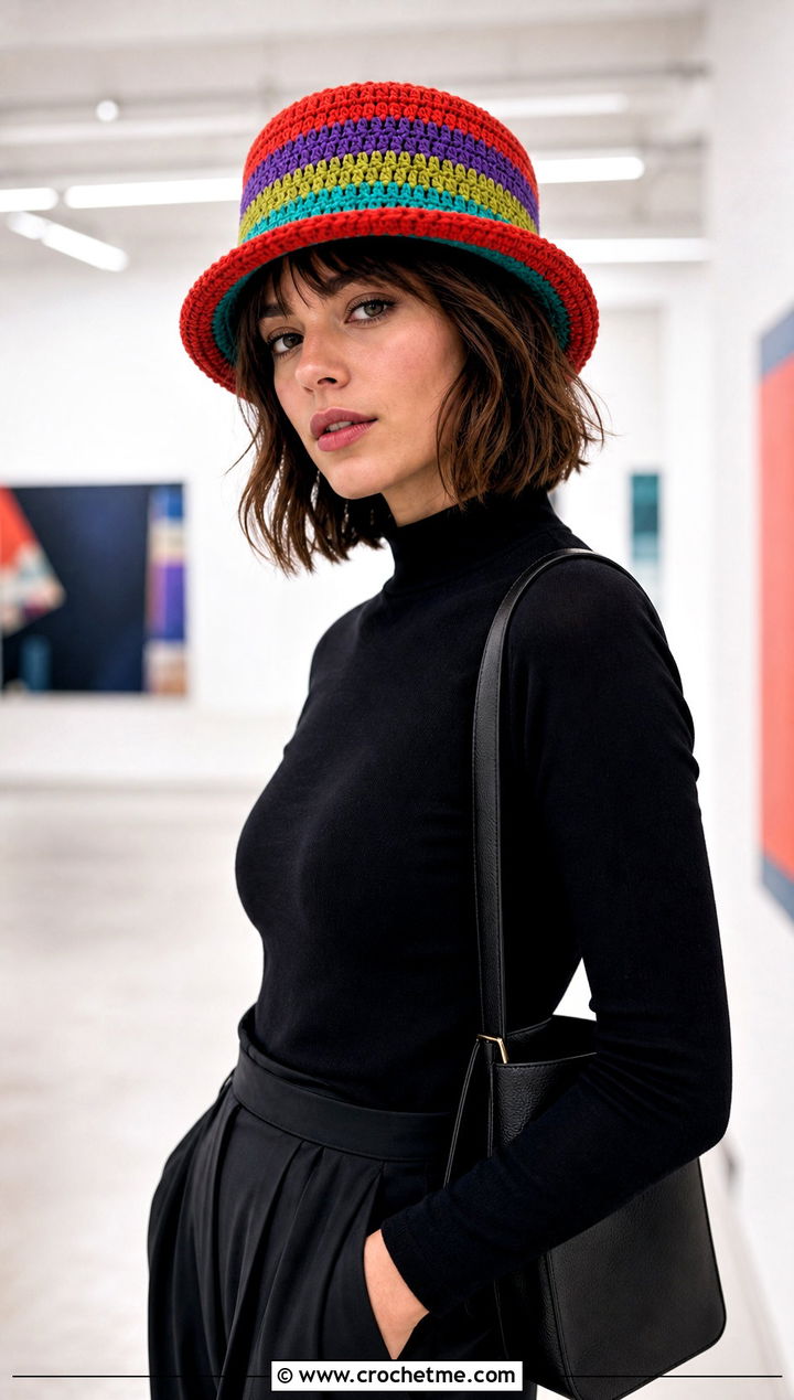 Multicolor Crochet Pork Pie Hat With Monochrome Outfit - 25 crochet pork pie hat outfit ideas