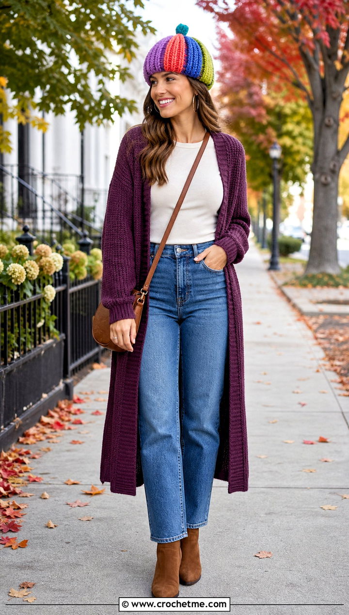 Multicolor Crochet Pumpkin Beanie With Long Cardigan - 35 crochet pumpkin hat outfit ideas