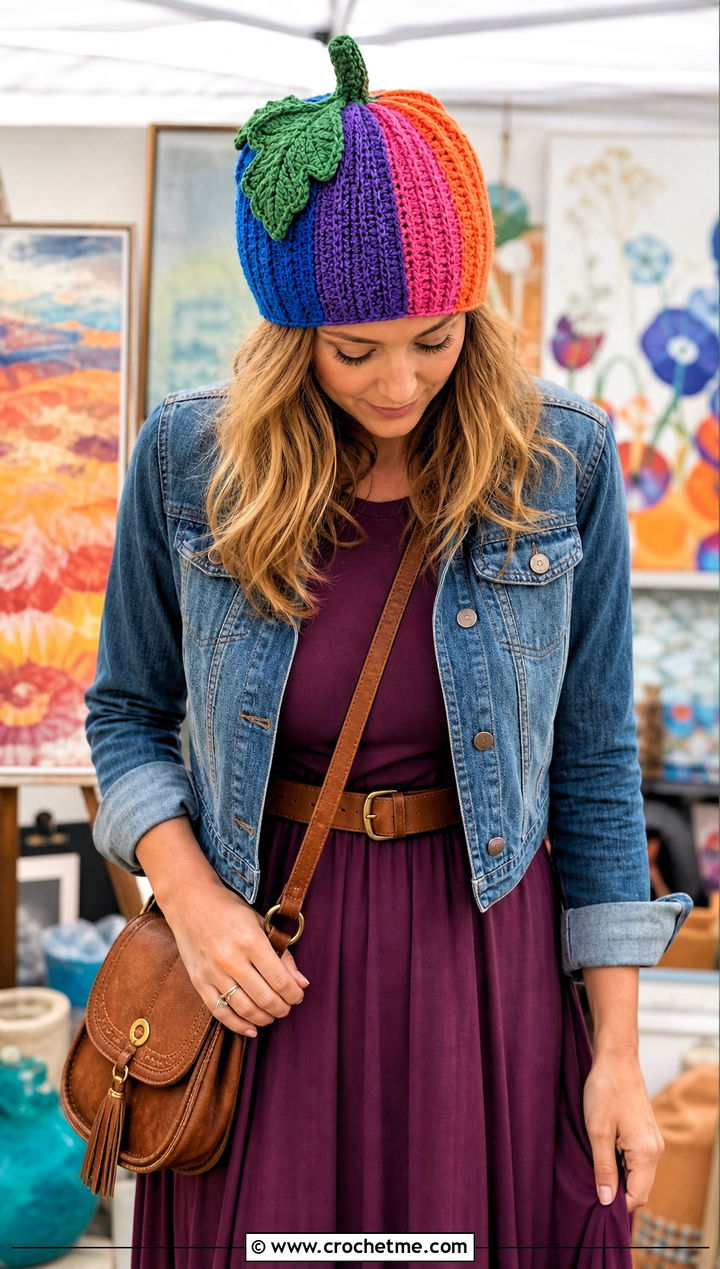 Multicolor Crochet Pumpkin Beanie With Maxi Dress - 30 crochet pumpkin beanie outfit ideas