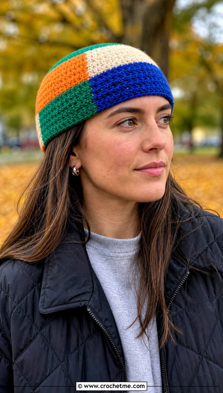 Multicolor Crochet Rectangle Hat With Quilted Jacket - 25 Crochet Rectangle Hat outfit ideas