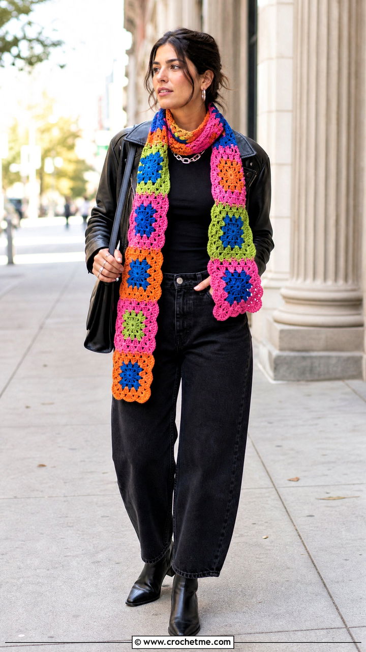 Multicolor Crochet Scarf With All Black Outfit - 35 easy crochet scarves outfit ideas