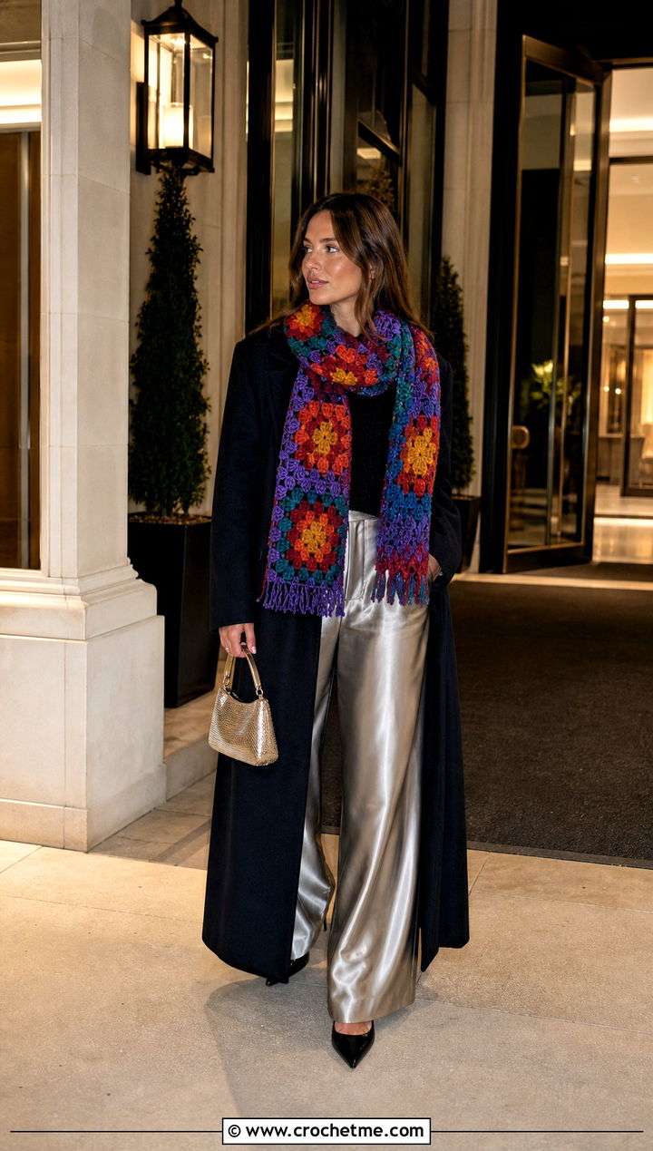 Multicolor Crochet Scarf With Evening Coat and Satin Pants - 35 Winter Crochet Scarf outfit ideas
