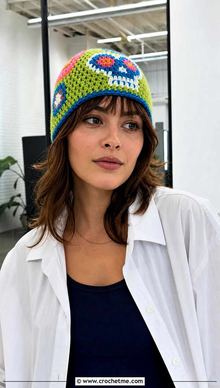 Multicolor Crochet Skull Beanie With White Shirt Outfit - 30 crochet skull beanie outfit ideas