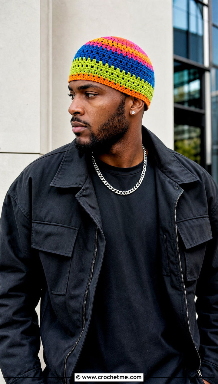 Multicolor Crochet Skull Cap With All Black Streetwear - 25 Crochet Skull Cap For Men outfit ideas