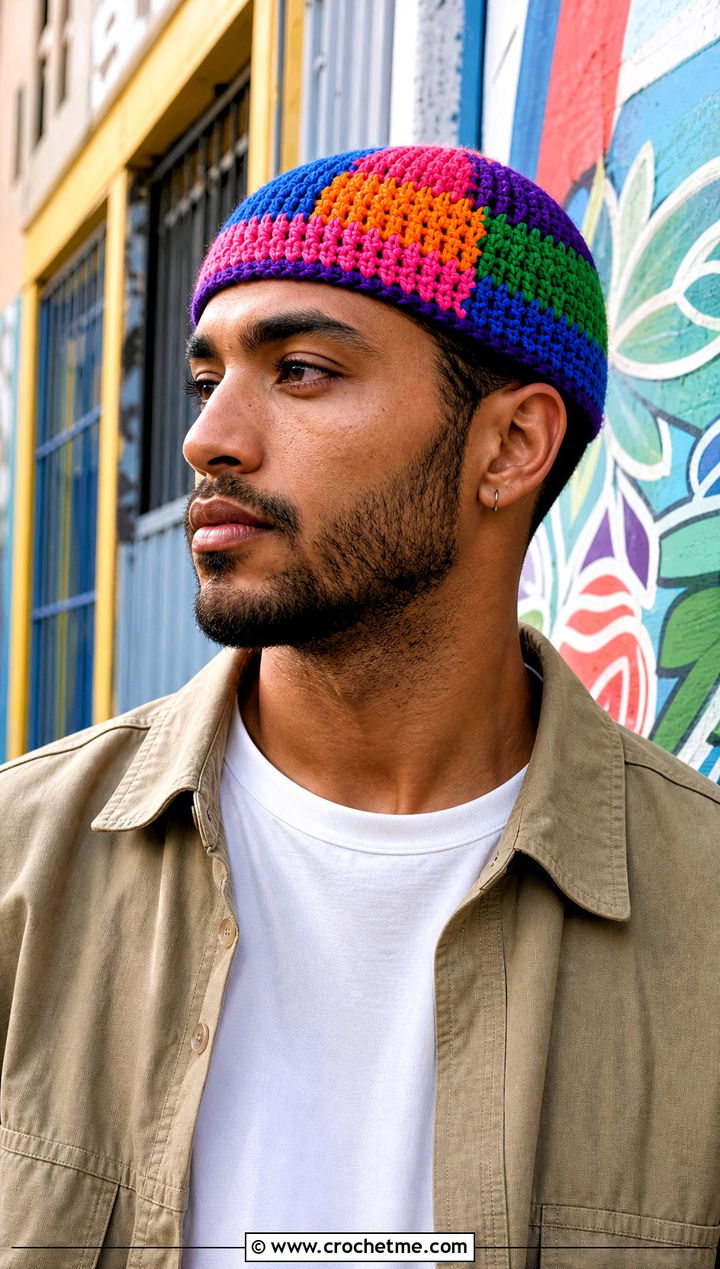 Multicolor Crochet Skull Cap With Overshirt And Canvas Pants - 25 Mens Crochet Skull Cap outfit ideas