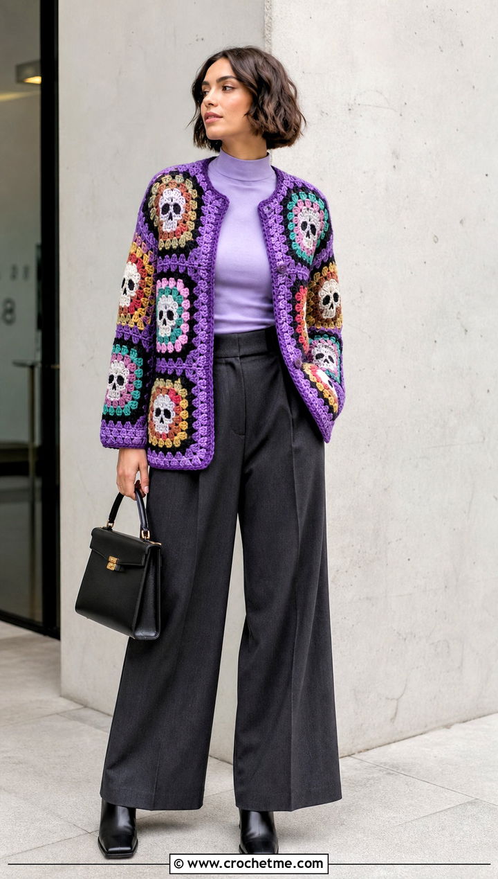 Multicolor Crochet Skull Granny Square Cardigan With Wide Leg Trousers - 25 crochet skull granny square cardigan outfit ideas