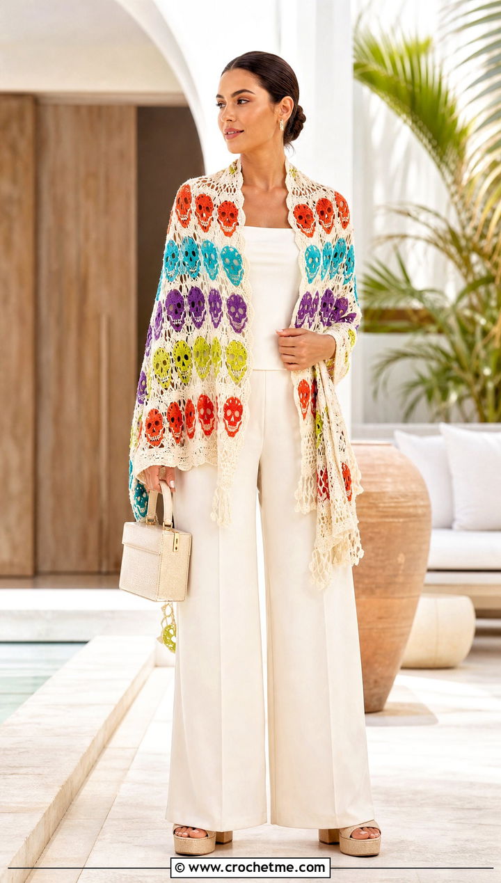 Multicolor Crochet Skull Shawl With a Neutral Matching Set - 35 crochet skull shawl outfit ideas