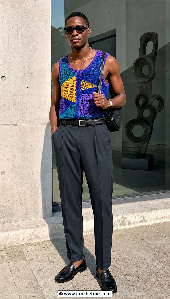 Multicolor Crochet Tank Top With Neutral Trousers - 30 Mens Crochet Tank Top outfit ideas