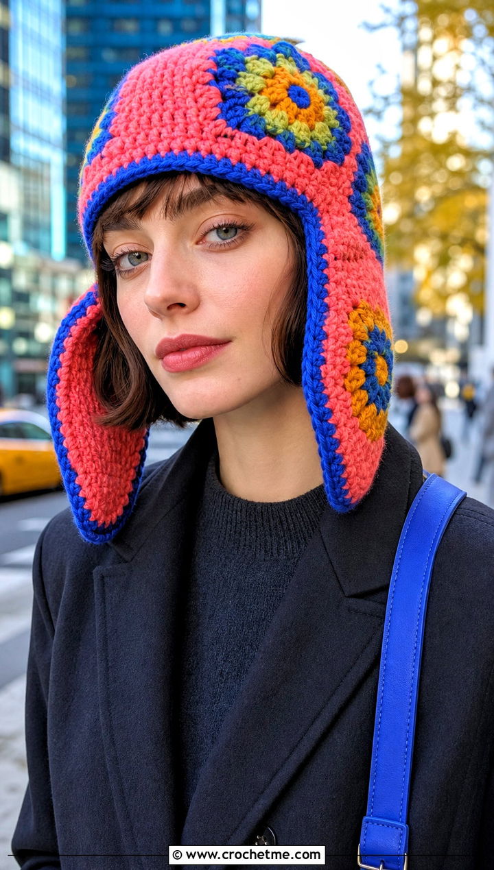 Multicolor Crochet Ushanka With Minimalist Outfit - 35 crochet russian hat outfit ideas