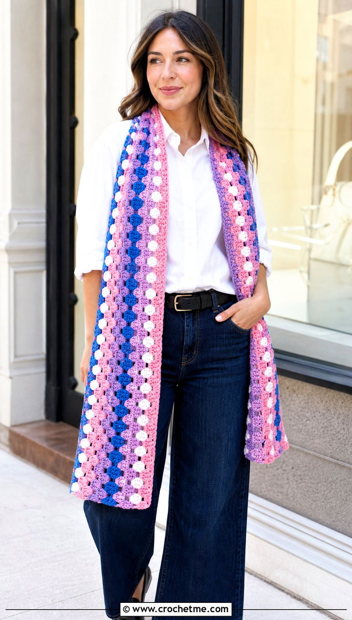Multicolor Crochet V Stitch Scarf With White Shirt - 30 crochet v stitch scarf outfit ideas