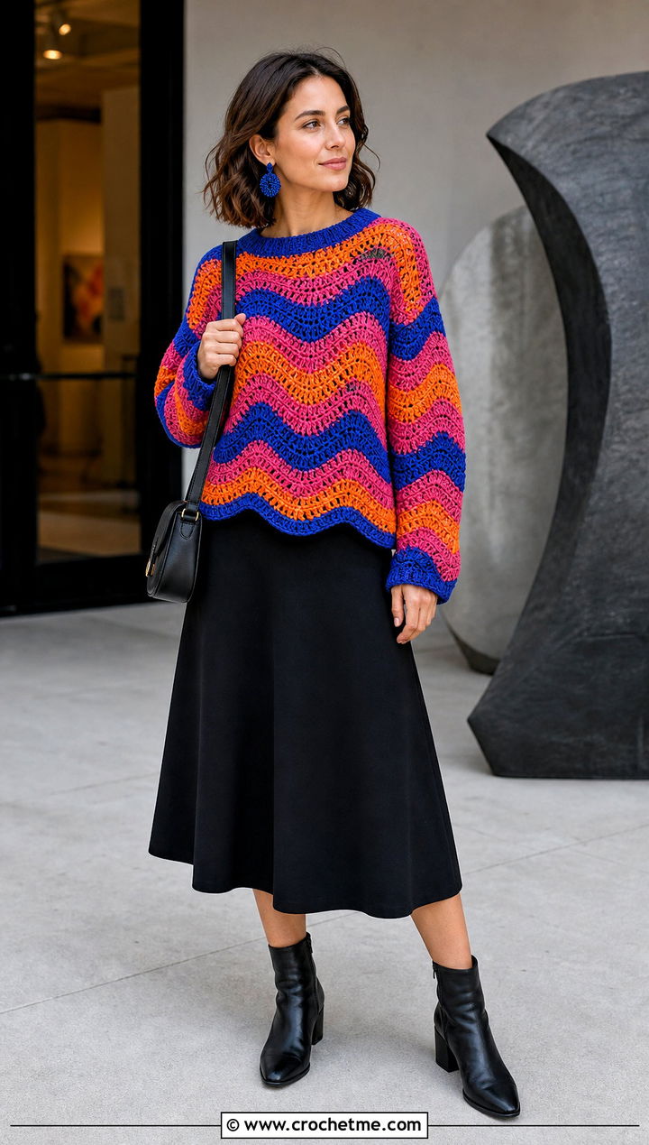 Multicolor Crochet Wave Sweater With Black Midi Skirt - 30 crochet wave sweater outfit ideas