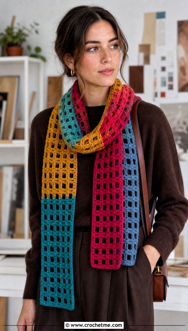 Multicolor Crochet Windowpane Scarf With Monochrome Outfit - 15 crochet windowpane scarf outfit ideas